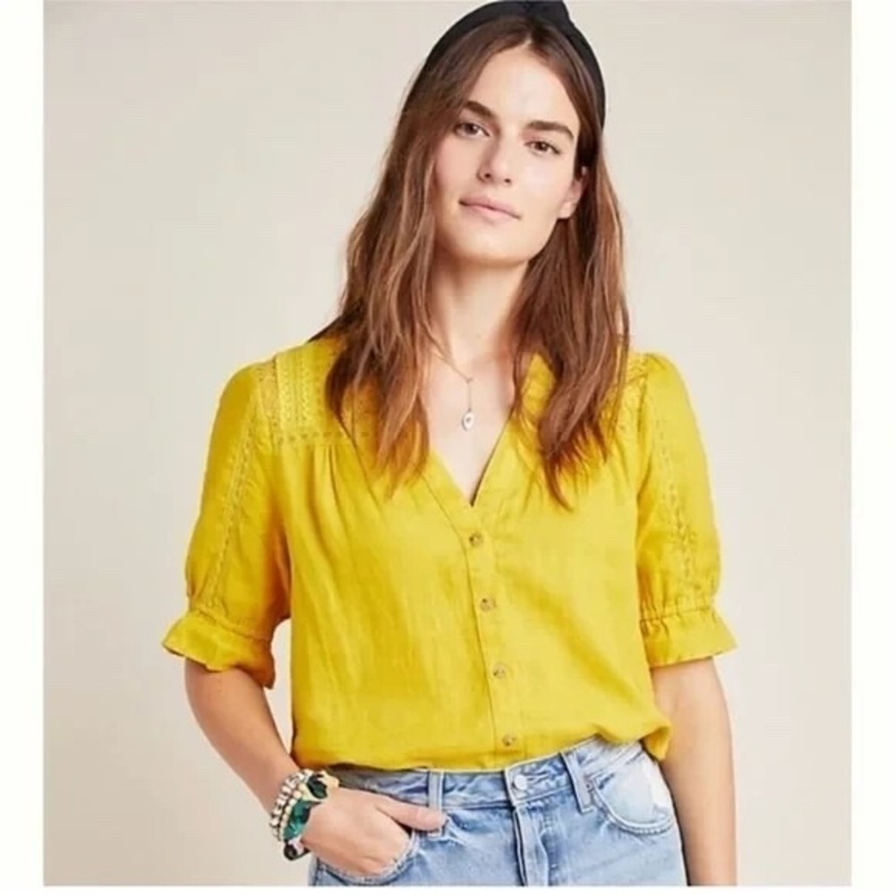 Anthropologie MAEVE Size 4 Magritte Top Yellow Linen Puff Sleeve Button Lace